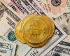 Gold Bitcoin coins on top of US dollar bills